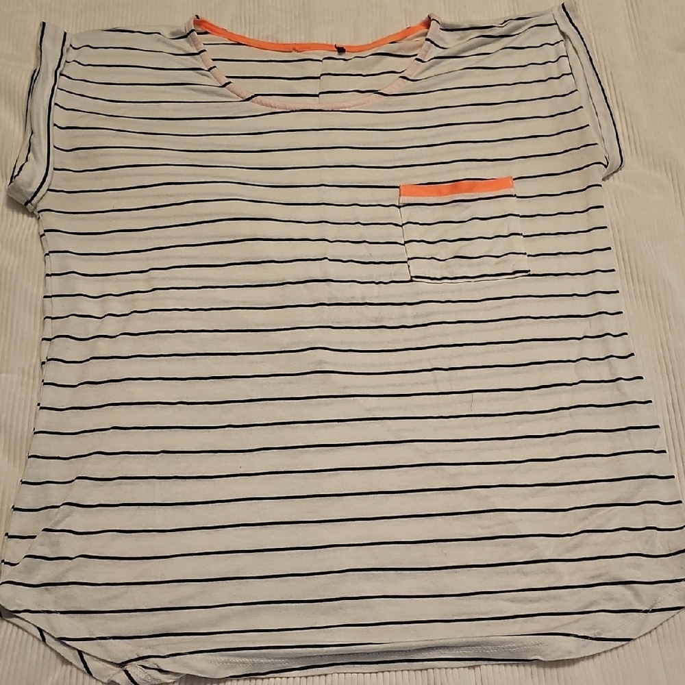 Striped White and Black Top with Orange Accents
